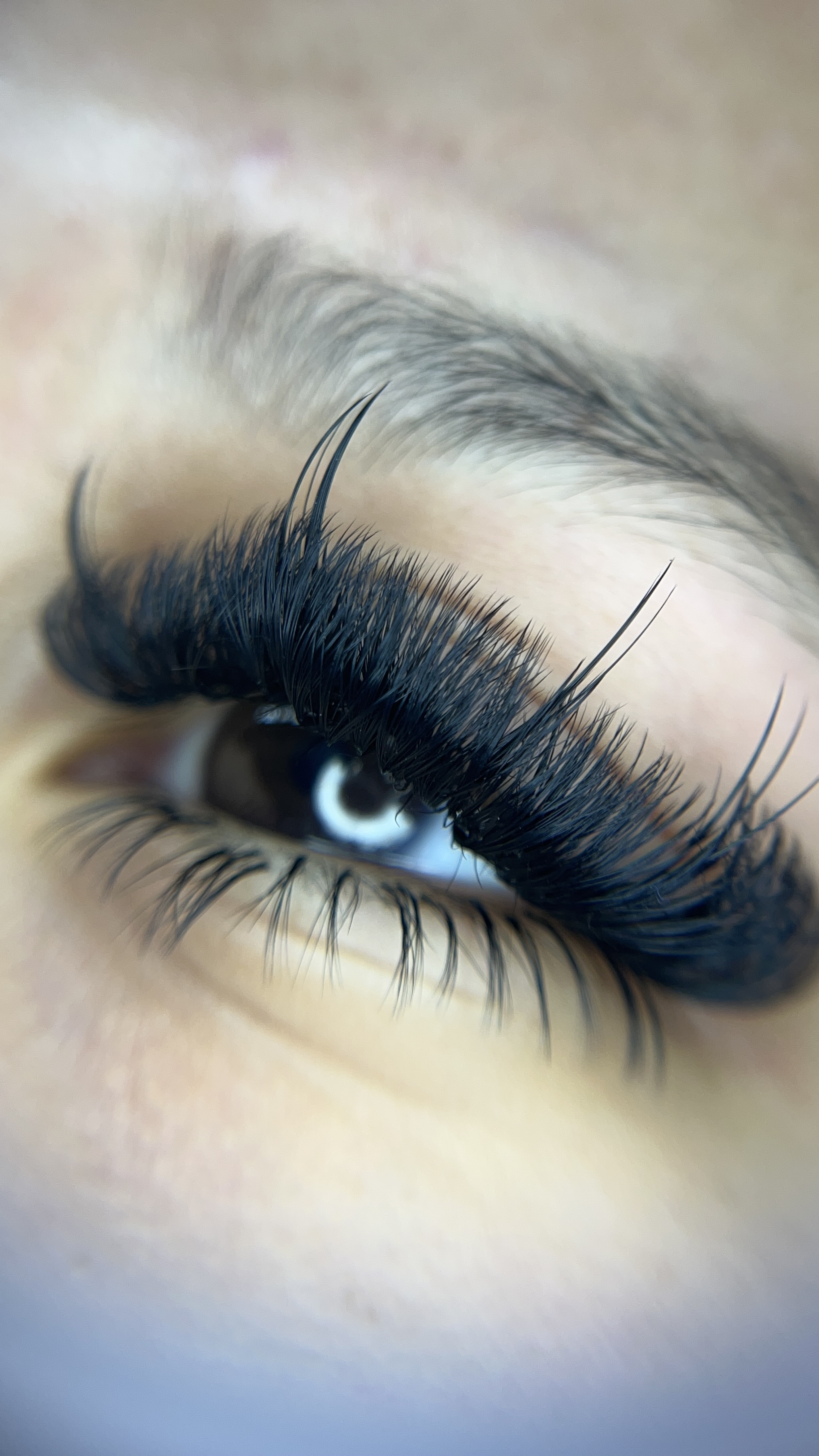 Wispy volume lash extensions on an open eye